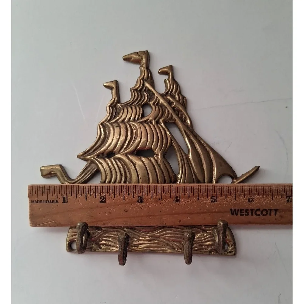 VTG Brass Clipper Ship Wall Hanging with Hooks, Key Holder, Nautical, Ocean Sea